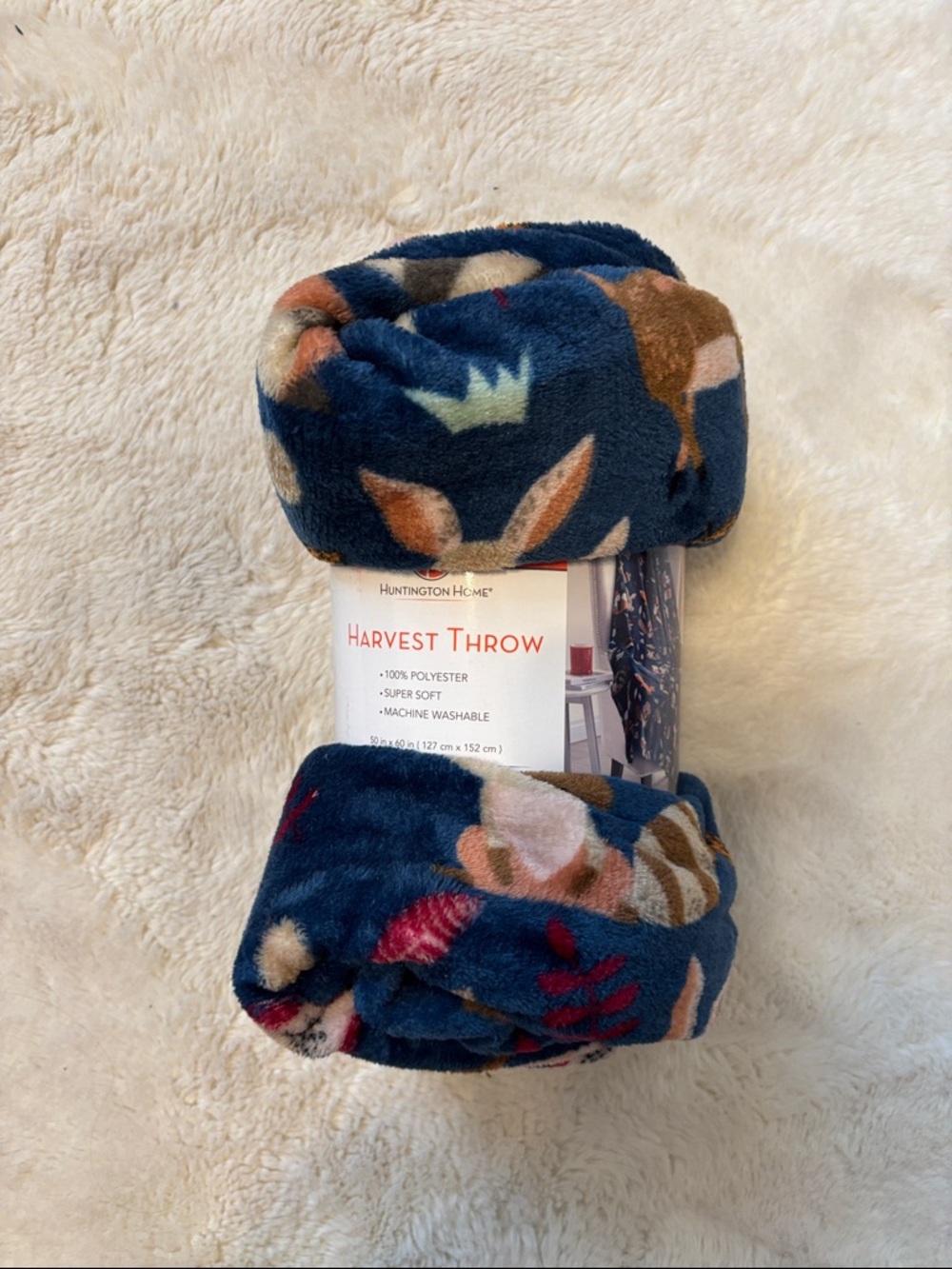Huntington Home Navy Plush Throw with Autumn Leaf Accents